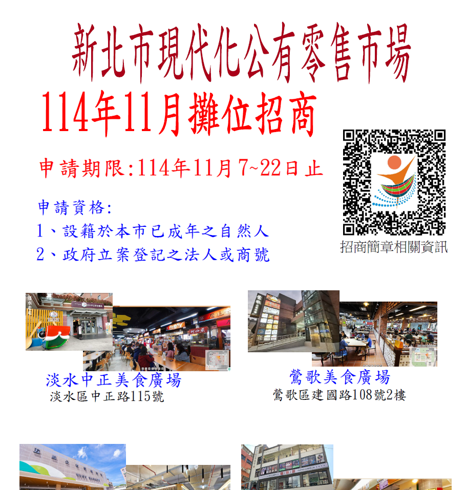 114年11月本市現代化公有零售市場攤位標租公告