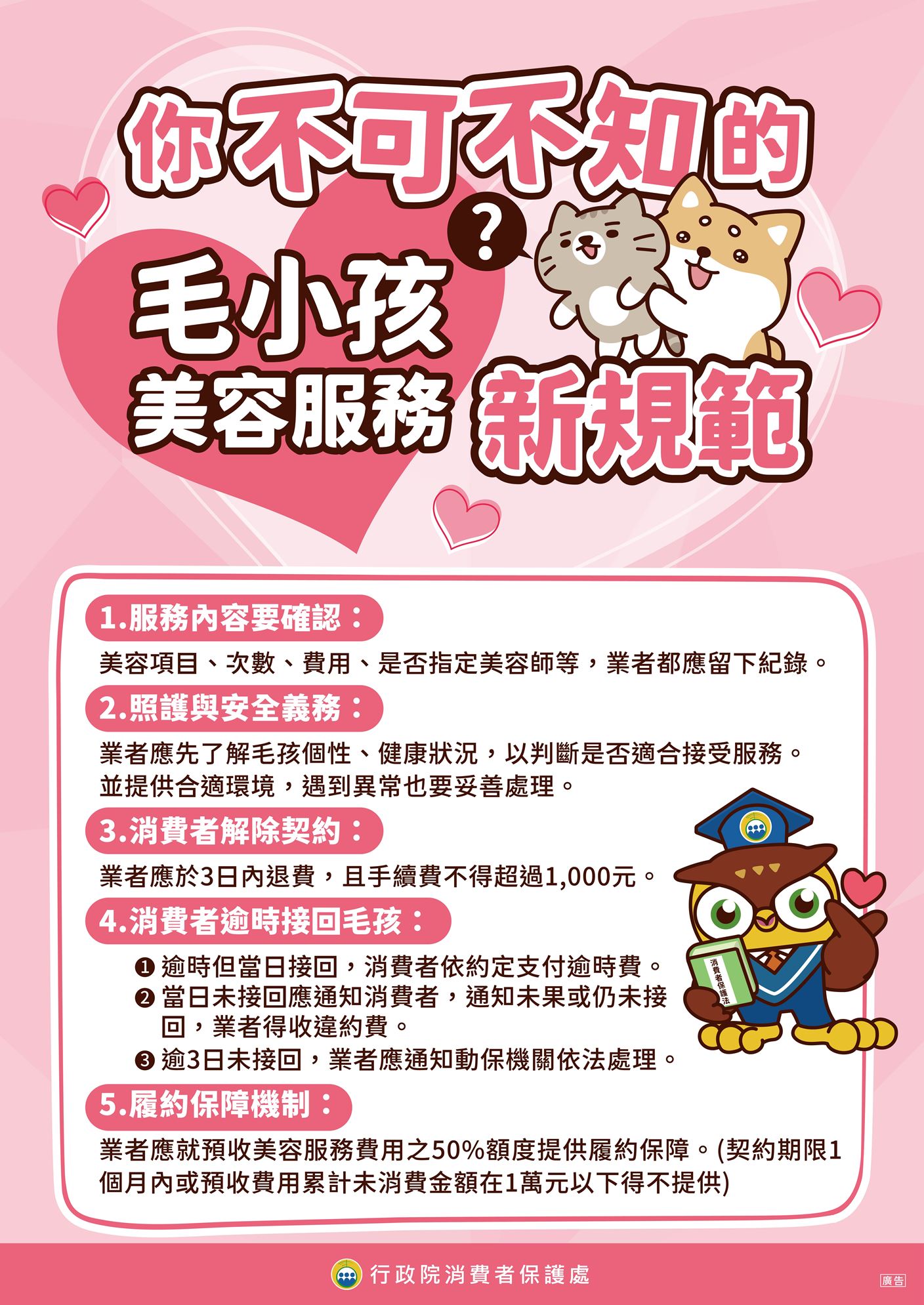 你不可不知的毛小孩美容服務新規範-1服務內容要確認 2照護與安全義務 3消費者解除契約 4消費者逾時接回毛孩 5履約保障機制